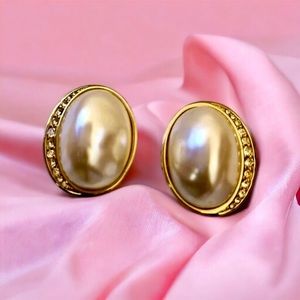Vintage Richelieu Gold Tone Faux Pearl Rhinestone Crescent Clip On Earrings